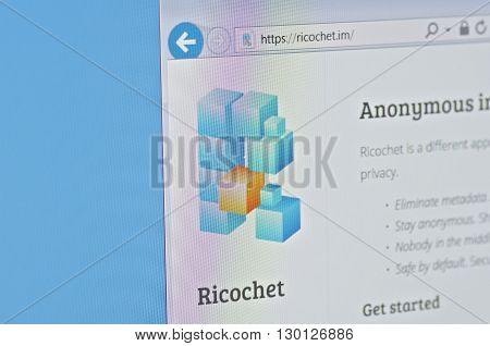 Saransk, Russia - CIRCA, 2016: A computer screen shows details of Ricochet main page on its web sites