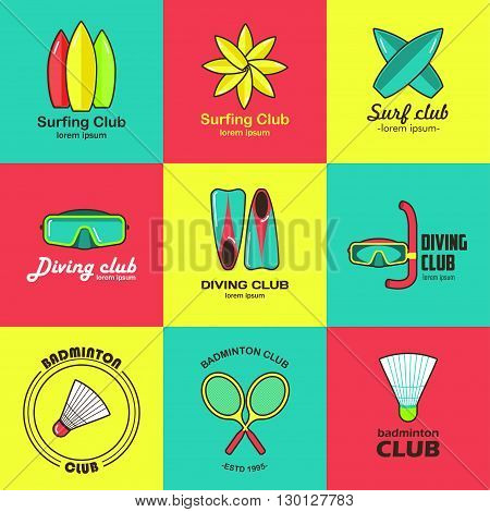 Summer activity set of flat logos. Summer sports, surfing, diving, badminton. It can be used in advertising, web design, graphic design.