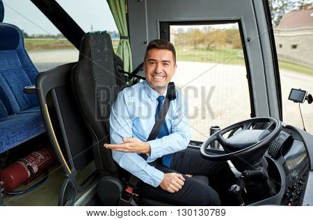 transport, tourism, road trip, gesture and people concept - happy driver inviting on board of intercity bus