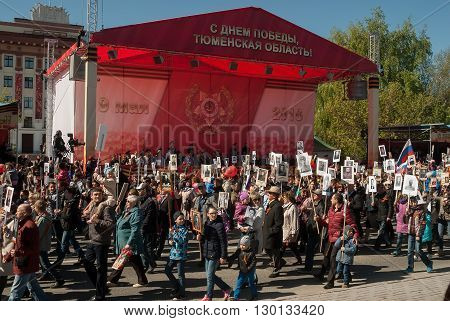 Tyumen, Russia - May 9. 2016: Immortal Regiment  marches on celebrates 71th Victory Day anniversary