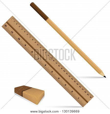 Pencil ruler and eraser on a wooden design. Ruler and pencil with eraser for wooden texture isolated on white background. Object tool.