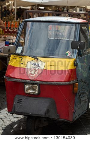 Rome Italy - June 15 2015: Piaggio Ape50 In Rome. Piaggio Ape Is A Three-wheeled Light Commercial Ve