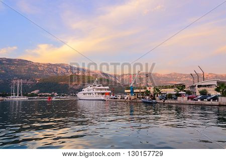 BUDVA MONTENEGRO - SEPTEMBER 15 2015: Pleasure yachts at the pier Dukley Marina on the promenade of the popular resort of Budva Montenegro