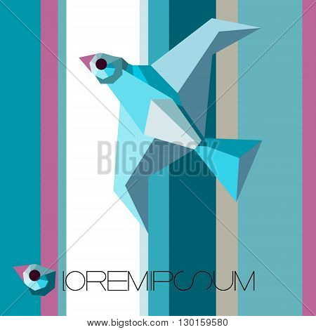 blue flying bird on a striped background. Open window and bird as symbol of freedom.