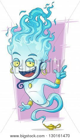 a vector illustration of cartoon funny blue jinn with gold lamp