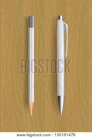 white pencil and pen on wooden table. Vector illustration. Pensil and pen realistic for idetity design.