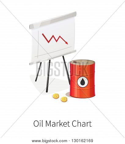 Flip chart with trend arrows. Oil market. Oil barrels and money. Isolated on white background.