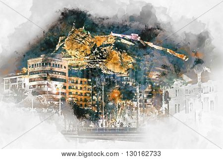 Digital watercolor painting of a Mount Benacantil with a Castle of Santa Barbara (Castillo de Santa Barbara)- fortification in the centre of Alicante city. Valencian Community Costa Blanca. Spain