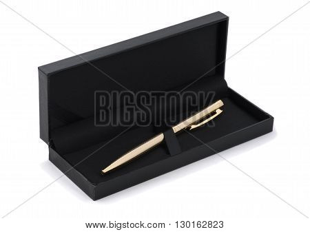 yellow automatic ballpoint pen in black case on a white background