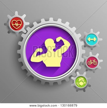 Vector illustration of a bodybuilder set inside sprocket gear cog on isolated purple background