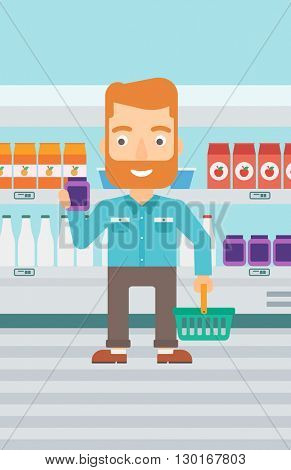 Customer with shopping basket and tube of cream.