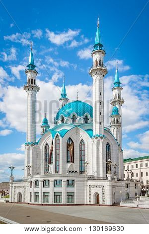 Vertical image with Qolsharif Mosque in Kazan Kremlin and blue sky. Tatarstan Russia