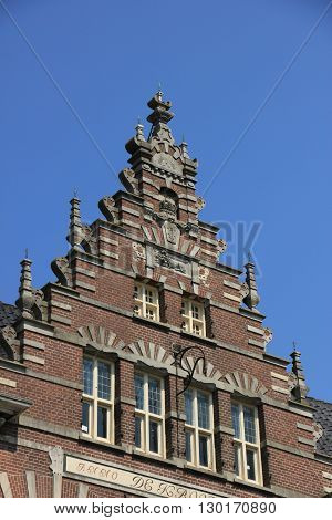 Crow-stepped gable on an ancient building in the Netherlands