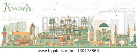 Abstract Karachi Skyline with Color Landmarks. Business Travel and Tourism Concept with Historic Buildings. Image for Presentation Banner Placard and Web Site.
