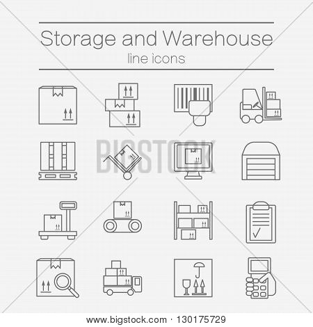 Big set of modern thin line icons for warehouse stock and industrial storage isolated on background. Vector illustration