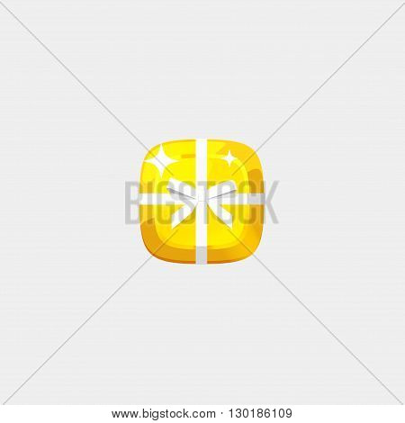 Abstract golden jewelry vector icon isolated, flat golden gem brick with wrapped white bow ribbon, concept of luxury business gift, jewel prize, treasure, gold box, expensive golden present, logo idea