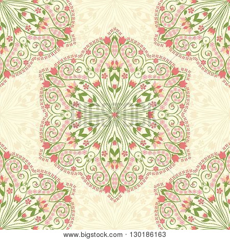 Round ornamental vector shape isolated on white. Seamless floral pattern background. Vector illustration.