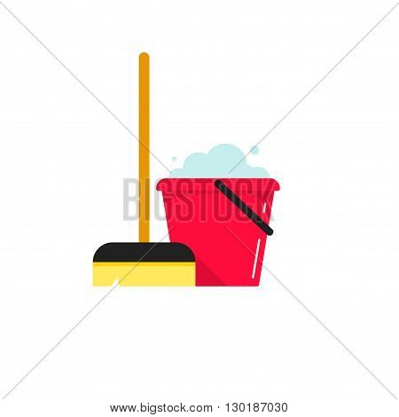 Cleaning supplies vector illustration isolated on white background, flat cleaning service logo with bucket and mop tools, cartoon cleaning concept design