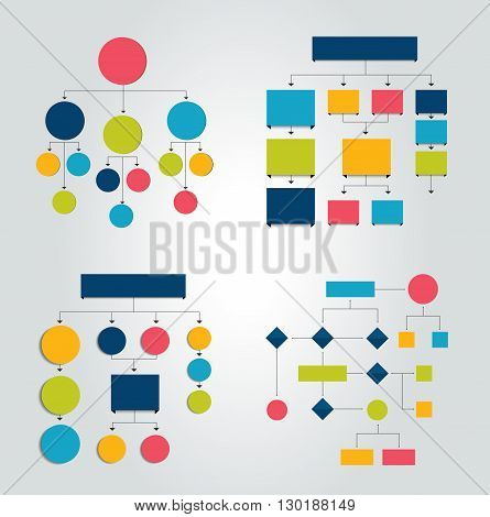 Flowcharts. Set of 6 flow charts schemes, diagrams. Simply color editable. Infographics elements.