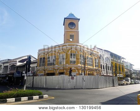 PHUKET THAILAND - May 5: Old buildings on crossroad in Phuket Town Thailand on May 5 2016. China town in phuket town is one of the most hitorical Chinese communities in south east of Asia.