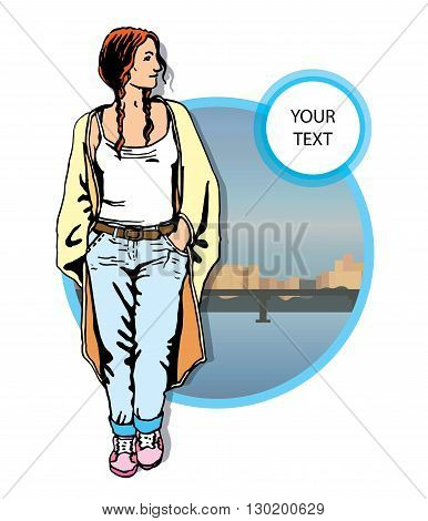 Beautiful young  woman in a casual clothes on city background Vector hand drawn  illustration.
