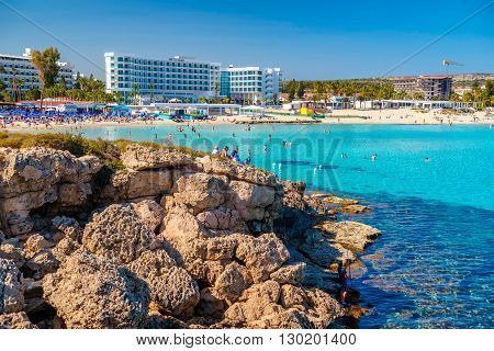 AYIA NAPA CYPRUS - April 04, 2016: Sunny day at Nissi beach in Aiya Napa Cyprus.