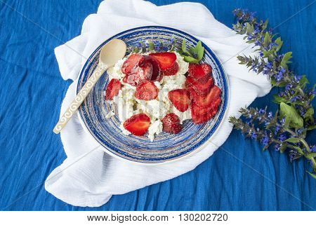 cottage cheese with strawberries and jam,dietary food.
