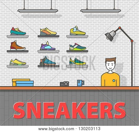 Sneakers store. Outline modern colorful vector illustration