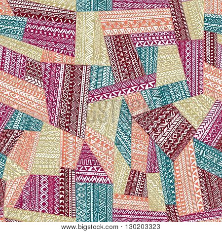 Seamless tribal pattern. Geometric ornament hand drawn. Colorful illustration of a patchwork . Zentangle.