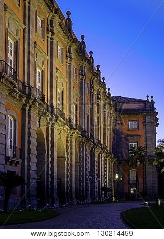 Entrance of the National Museum of Capodimonte by night. Naples Italy