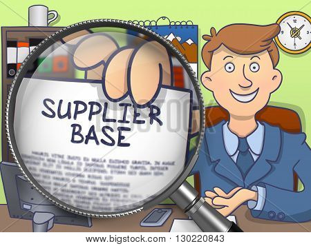 Officeman in Suit Looking at Camera and Showing a Paper with Concept Supplier Base through Lens. Closeup View. Multicolor Doodle Style Illustration.