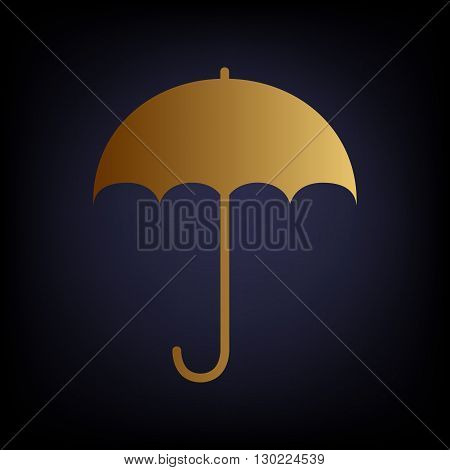 Umbrella sign icon. Rain protection symbol. Flat design style. Golden style icon on dark blue background.