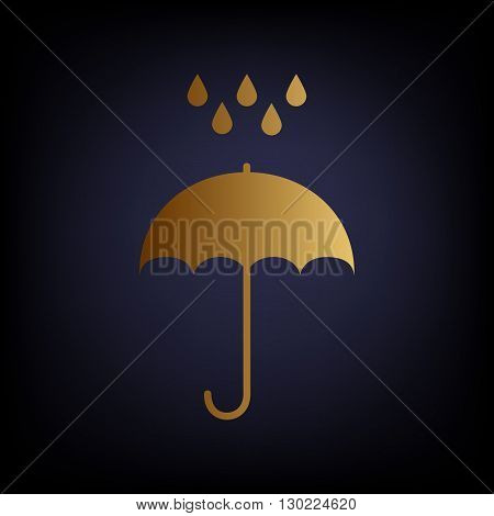 Umbrella with water drops. Rain protection symbol. Flat design style. Golden style icon on dark blue background.