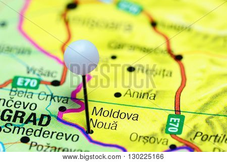 Moldova Noua pinned on a map of Romania
