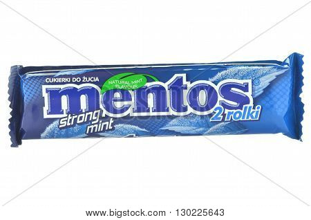 CIRCA MAY 2016 - GDANSK: Mentos chewy dragees isolated on white. They are sold in over 130 countries by the Perfetti Van Melle corporation. Mentos was first produced in the Netherlands in 1948.