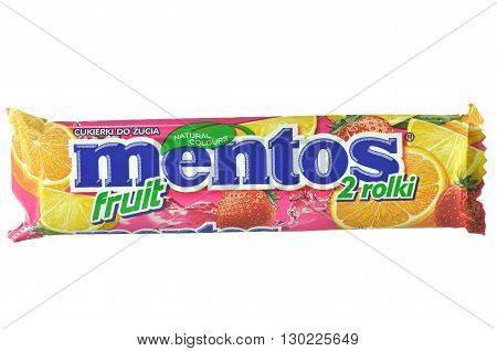 CIRCA MAY 2016 - GDANSK: Mentos chewy dragees isolated on white. They are sold in over 130 countries by the Perfetti Van Melle corporation. Mentos was first produced in the Netherlands in 1948.