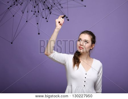 Worldwide network or wireless internet connection futuristic concept. Woman working with linked dots.