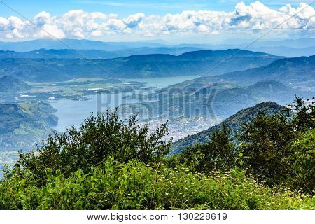 View from hilltop near Antigua of Lake Amatitlan near Guatemala City.