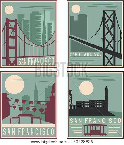 Old Style Vintage Retro Posters With San Francisco Landmarks