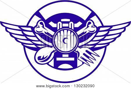 Illustration of a crossed spoon and fork with bone handle and wings with headlamp headlight in front set inside circle done in retro style.