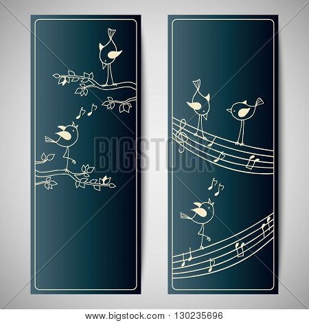 Vector set template with cute hand drawn birds. Flyer design with a branch of the tree and stave.