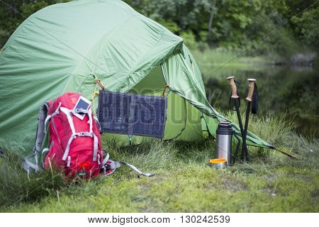 Camping In The Woods On The Banks Of The River.