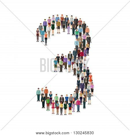 Large group of people foming number 3 on white background: different casual people collection
