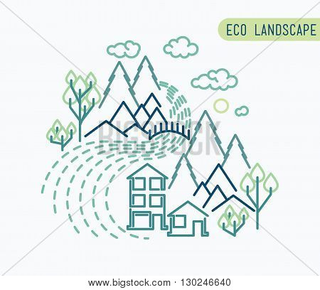 Thin Line Landscape Flat Landscape Eco Landscape Design Of Abstract Idyllic Village On Hills, Rural