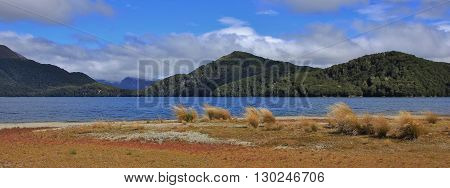 Landscape in the Fjordland National Park New Zealand. Tussock lake and hills covered by forests.