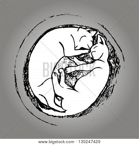 A graphical illustration of two kittens sleeping in a flower pot. Abstract image of lying cat. Vector illustration on gray background
