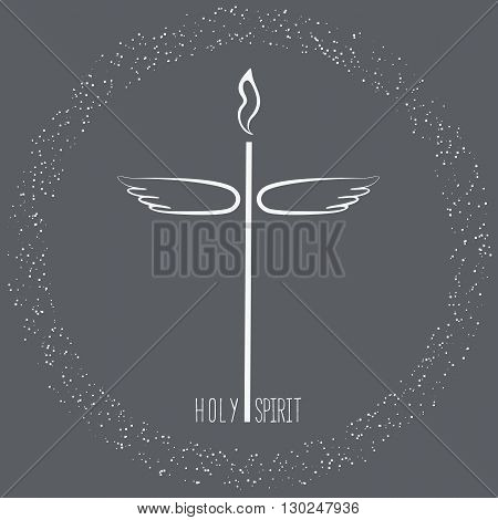 Church symbol. Pentecost Sunday. Christian Church concept. Holy spirit. Sacrament symbol. Biblical tongues of fire cross holy spirit dove. Religious logo. Vector illustration.