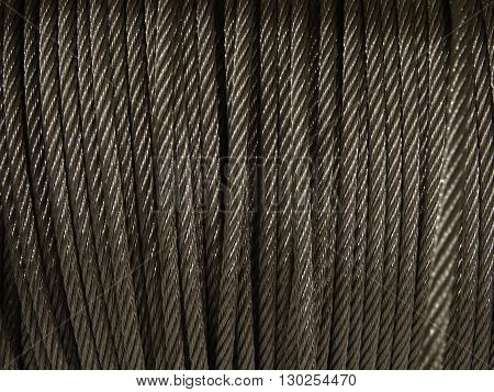 Steel wire rope in the bobbin closeup stock photo