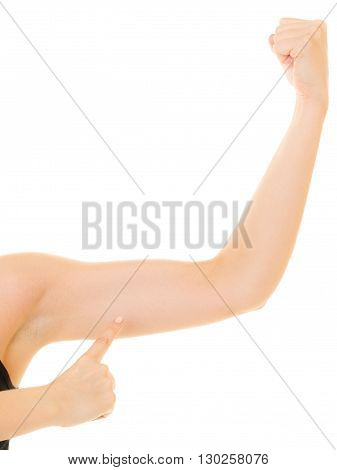 Fitness Woman Showing Energy Flexing Biceps Muscles.