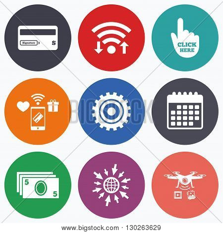 Wifi, mobile payments and drones icons. ATM cash machine withdrawal icons. Insert bank card, click here and check PIN, processing and get cash symbols. Calendar symbol.